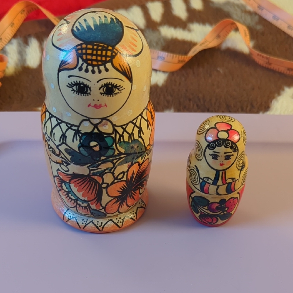 Two Vintage Colorful Russian Nesting Dolls